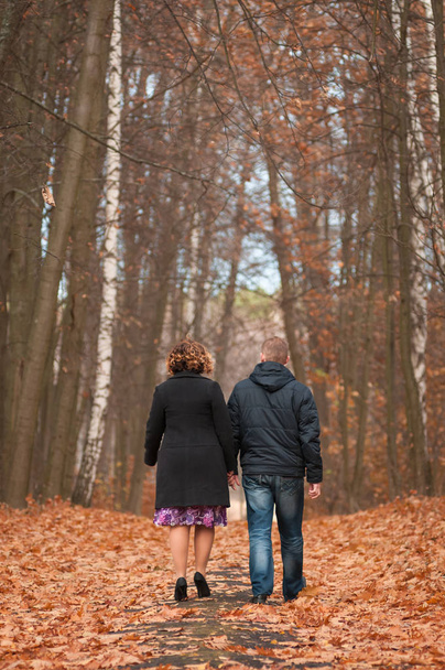 young couple walks in the autumn forest - Fotografie, Obrázek