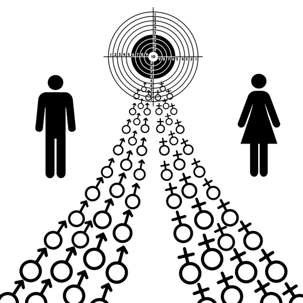 illustrazione di sesso maschile e femminile simboli tendono verso l'obiettivo - Vettoriali, immagini