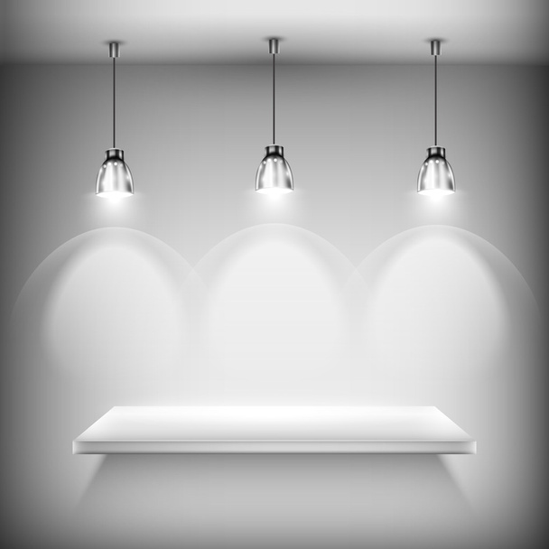 Prateleira vazia branca iluminada por holofotes
 - Vetor, Imagem