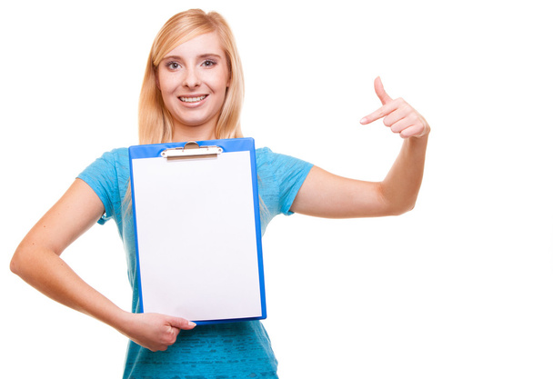 woman college student girl holds clipboard and points - Photo, Image