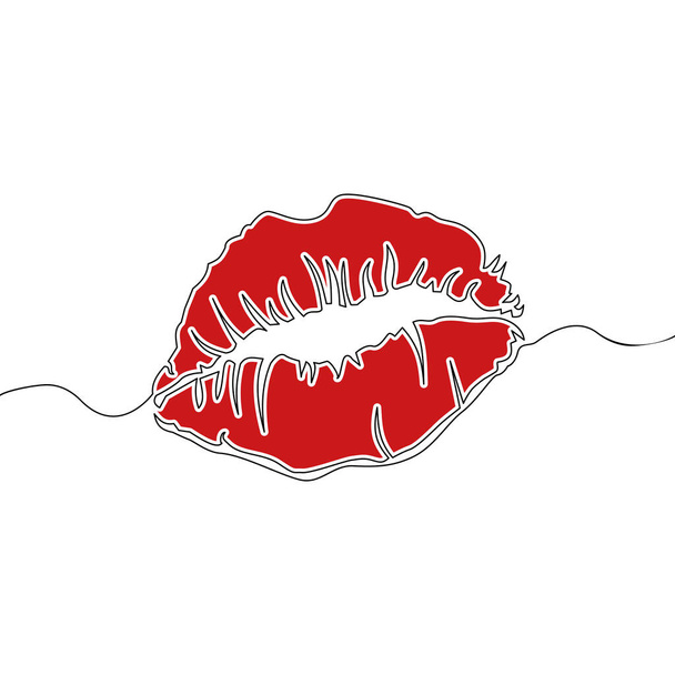 Επίπεδη συνεχής γραμμή τέχνης Red Lips Kiss έννοια - Διάνυσμα, εικόνα