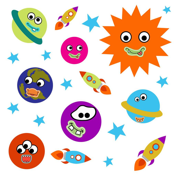 Solar system. Funny planets with funny faces. Cartoon style white background, isolation. Stock illustration. Educational and game manual. Suitable for decoration of children's clothing, rooms. - Vector, Image