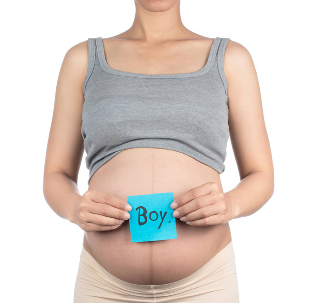 mulher grávida esperando um menino isolado no fundo branco
 - Foto, Imagem