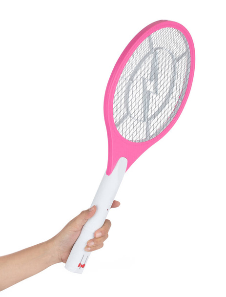 Hand holding Rechargeable Mosquito Swatter Bat isolated on white - Fotoğraf, Görsel