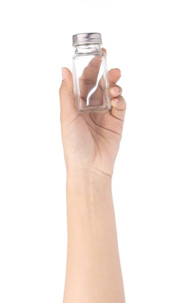 handhoudfles glas voor kruiden geïsoleerd op witte rug gr. - Foto, afbeelding