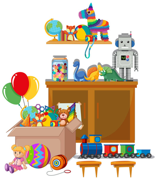Prateleira e caixa cheia de brinquedos em fundo branco - Vetor, Imagem