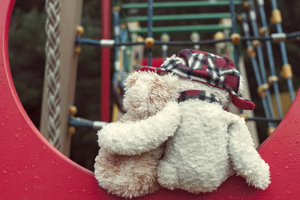 Two Teddy bears hugging each other sitting on the Playground. The concept of love, relationships - Photo, Image