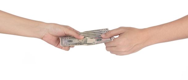 Dłonie podające banknot 50 dolarowy odizolowany na białym tle - Zdjęcie, obraz