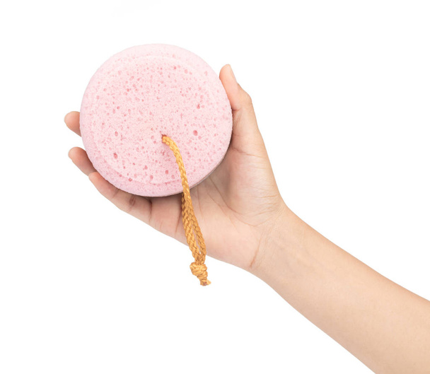 hand holding bath sponge isolated on white background - Photo, Image