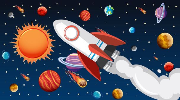Background design with spaceship flying in the sky - Vector, Image
