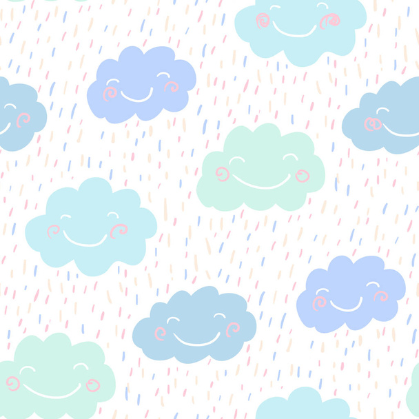 Seamless pattern with blue clouds and rain. Vector illustration. - Vektör, Görsel