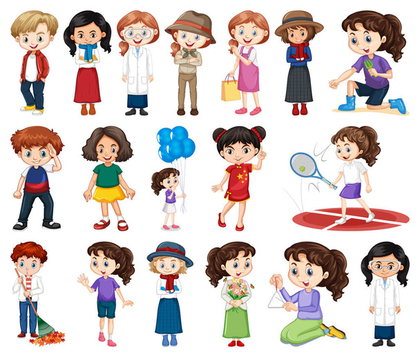Large set of boys and girls doing different activity on white ba - Vector, Image