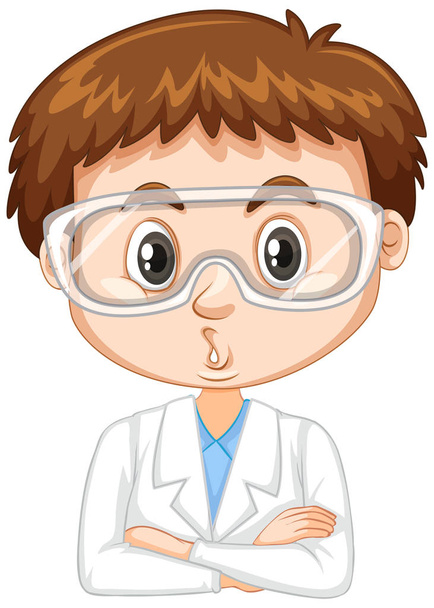 Cute boy in lab gown on white background - Vektor, obrázek