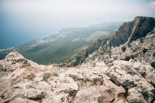 Rocks Ai Petri of Crimean Mountains. Ukraine. Black Sea on Background. - Fotoğraf, Görsel