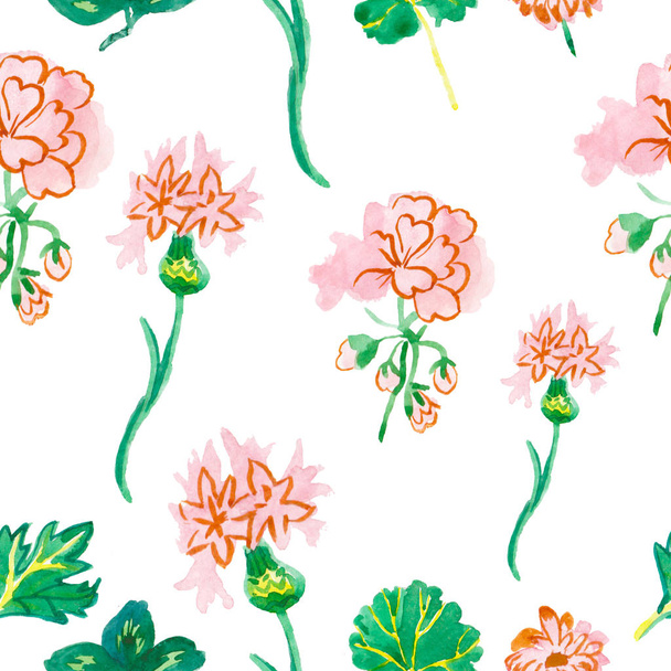 Watercolor seamless pattern with pink geranium with green leaves. Botanical print with floral elements in color on white isolated background hand drawn. Design for textiles,wallpaper,wrapping paper. - Photo, Image