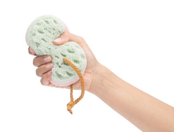 hand holding Soft sponge isolated on white background - 写真・画像