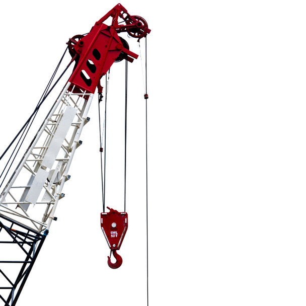 Construction crane for heavy lifting isolated on white background. Construction industry. Crane for lift with 50T safe working load. Crane for rent. Crane dealership for construction business. - Photo, Image