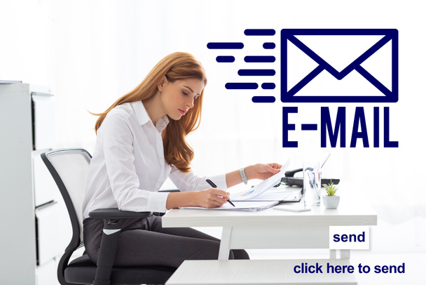 Side view of businesswoman working with papers and charts at office table, e-mail illustration - Photo, Image