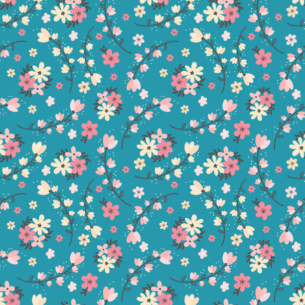 Abstract flower hand drawn vector seamless pattern. Blooming pink and yellow flowers and leaves botanical background, backdrop. Garden blossoms texture. Floral retro textile, fabric, wrapping paper. - ベクター画像
