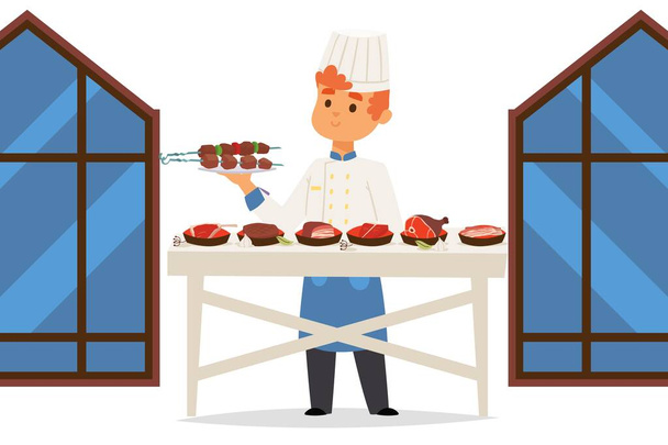 Chef nel ristorante di carne presenta piatti diversi, illustrazione vettoriale persone
 - Vettoriali, immagini