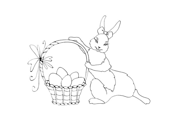 Carino sagomato Coniglietta di Pasqua con grande cesto di uova. Illustrazione disegnata a mano disegno libro da colorare
 - Foto, immagini