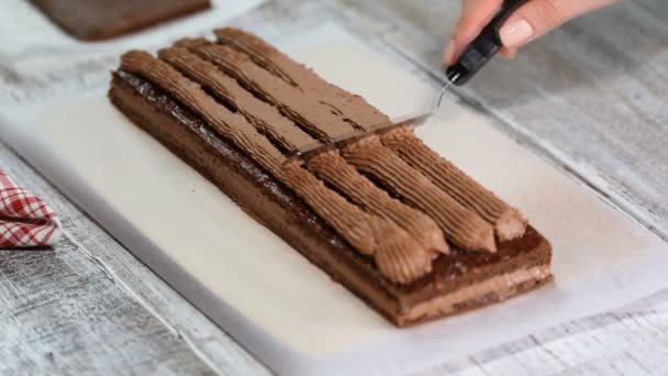 Confectioner making chocolate cake. The process of making a cake. - Materiaali, video
