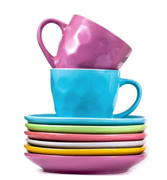 Colored tea cups and saucers. - Photo, Image