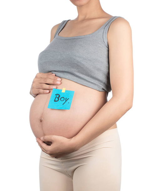 вагітна жінка очікує хлопчика ізольовано на білому тлі
 - Фото, зображення
