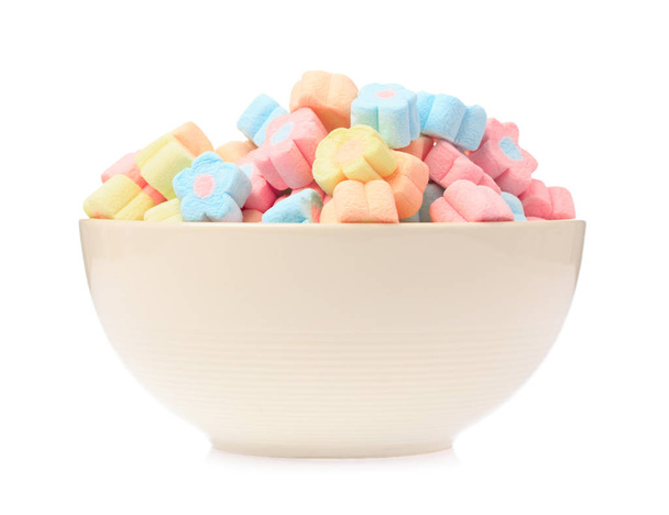 bowl of sweet marshmallow in the shape of flower isolated on whi - Photo, Image