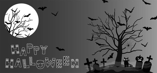 Černá silueta strašidelného stromu s netopýry, náhrobky, pavučiny, pavouky a úplněk. Veselá Halloween vektorová ilustrace - Vektor, obrázek