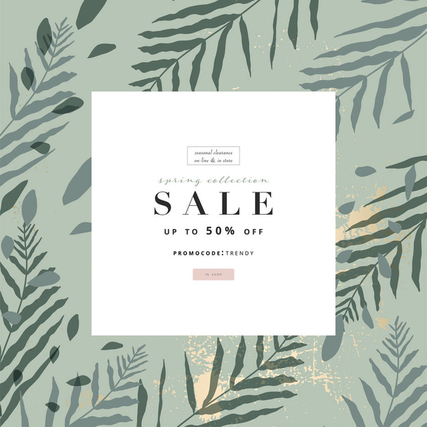 Social media banner template for advertising spring arrivals collection or seasonal sales promotion. trendy hand drawn background textures and floral botanical elements - Διάνυσμα, εικόνα