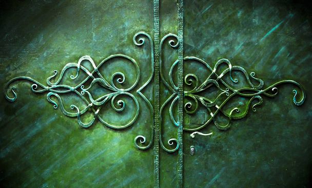 Old color iron gate, close up - Foto, afbeelding