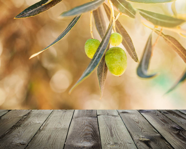 Vista do terraço de madeira. Azeitonas com folhas em oliveira
.  - Foto, Imagem