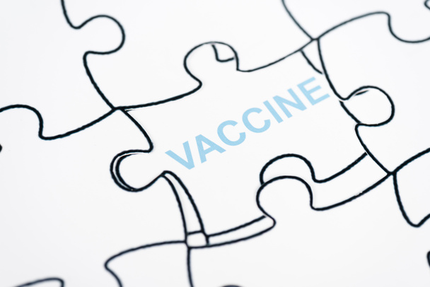 close up of puzzle pieces with vaccine lettering  - Fotoğraf, Görsel