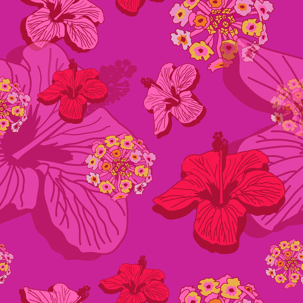 Hibiscus Lantana-Flowers in Bloom seamless repeat pattern Background in pink,maroon,yellow and orange - Vector, Image