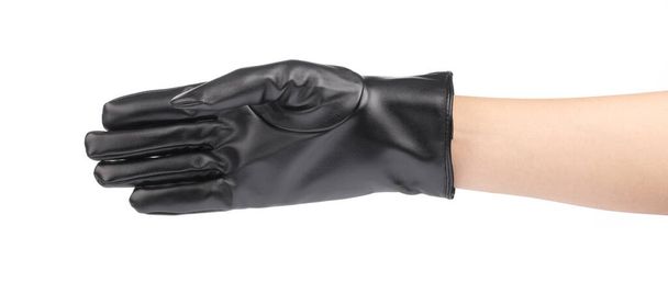 Akció szimbóluma kéz fekete téli bőr kesztyű Izolált  - Fotó, kép
