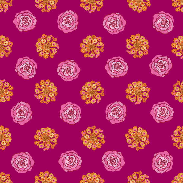 Colourful Collection-Flowers in Bloom Seamless Repeat Pattern. Colourful flowers and leaves pattern background in purple,pink,yellow,green, blueand orange. Surface pattern Design. Perfect for Fabric, Scrapbook,wallpaper - Vektor, obrázek