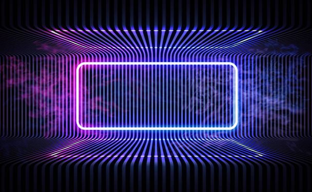 Neon color geometric round rectangle on metal stripe pattern background. Mystical portal, luminous line, neon sign. Reflection of blue and pink neon light on the floor. Rays of light in the dark - Vector, Image