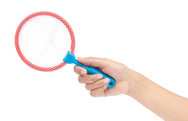hand holding toy spoon net isolated on white background - Photo, Image