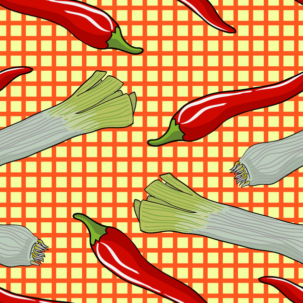 Безшовный овощной узор лук-порей и красный перец
 - Вектор,изображение
