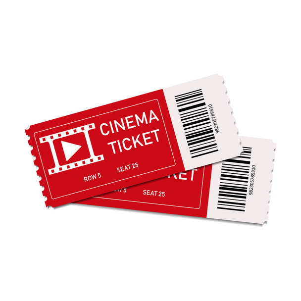 Two red cinema tickets isolated on white background. Close up top view on two movie tickets. Realistic front view. Coupon of concert, theatre or film. Cards entrance with row and seat numbers. Vector - Вектор, зображення