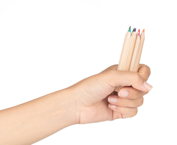hand holding Wooden colorful ordinary pencils isolated on white  - Photo, Image