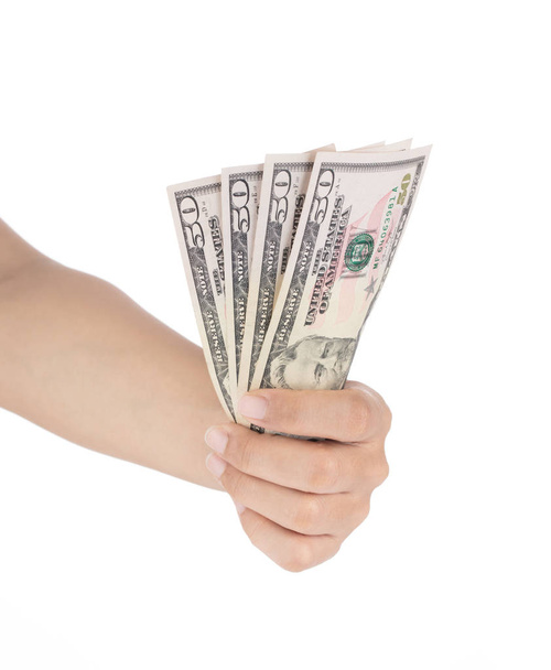 Ręczne trzymanie pieniędzy, 50 Nas banknot dolarowy odizolowany na wh - Zdjęcie, obraz