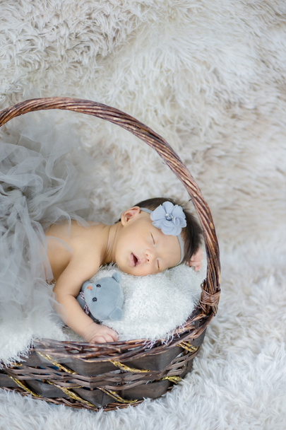 Pieni vauva nukkuu halaten karhua korissa
 - Valokuva, kuva