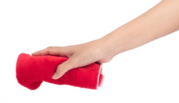 ręka gospodarstwa czerwony chusteczki mikrofibry izolowane na białym tle - Zdjęcie, obraz