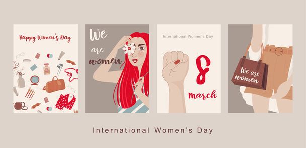 幸せな国際女性の日。女性や母の日の挨拶カード。かわいいカード、バナー、 3月8日の女性の日の休日のためのポスター。フェミニズムの概念テンプレートのデザイン。ベクトルテンプレート - ベクター画像