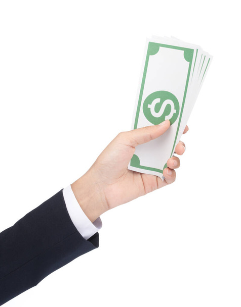 Бизнесмен, держащий Денежные Денежные Денежные Доллары в руках изолированных на Уит
 - Фото, изображение