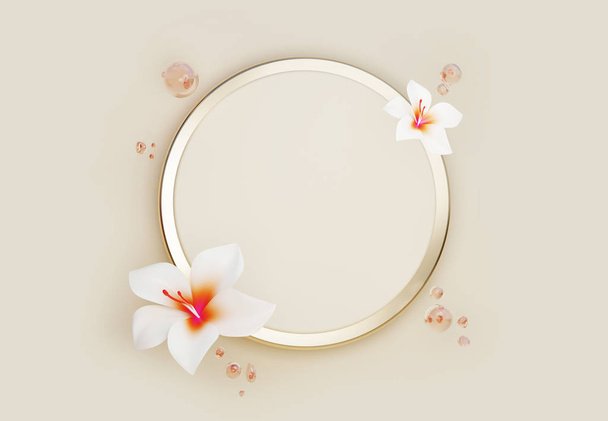 3D round gold frame rim on beige background with drops and white orchid flower. Fresh beauty or tropical summer vibes for banner with copy space. Holiday, vacation poster 3d render with empty space. - Photo, Image