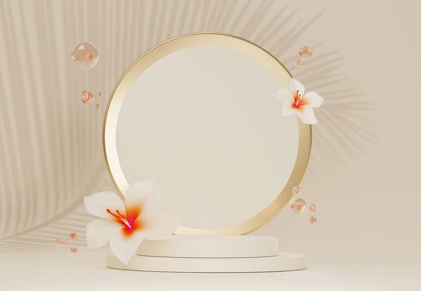 3D podium, pedestal round gold frame rim on beige background with drops and white orchid flower. Fresh beauty or tropical summer vibes with copy space. Holiday, vacation 3d render with empty space.  - Photo, Image