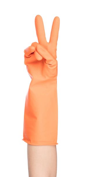 human putting on protective gloves isolated on white background. - Φωτογραφία, εικόνα